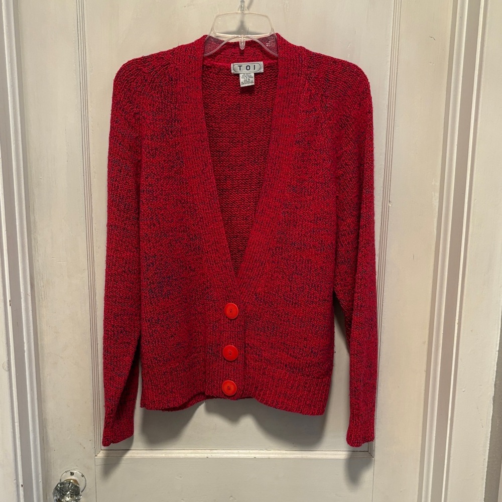 Vintage TOI Women's Bright Fuchsia Pink Knitted Low NeckCardigan Sweater Medium